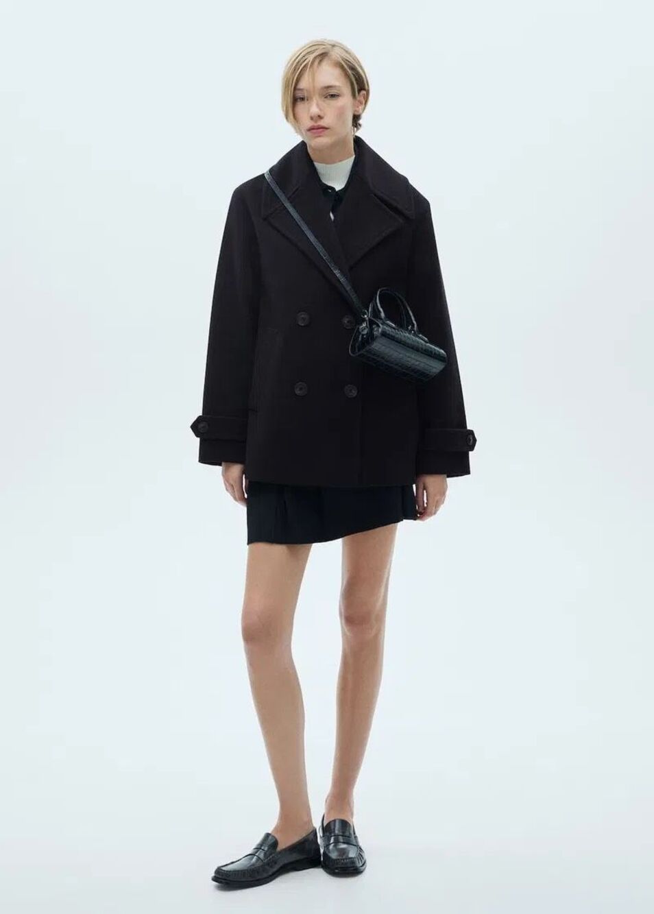 MNG Mango Women's Goya Double Breasted Wool Blend Coat Navy Blue Large NEW-defec